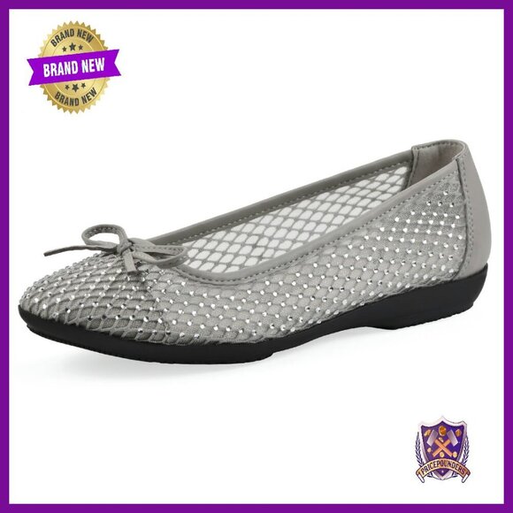 Shoes - Cushioned Mesh Ballet Flats with Rhinestone Bow - Size 8